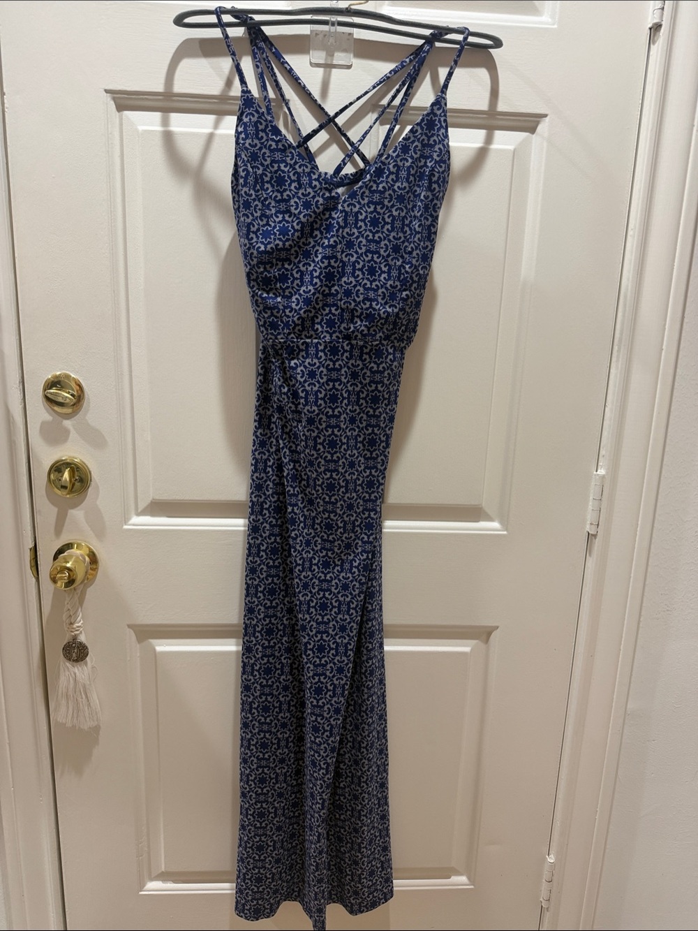 Market & Spruce Navy Blue Printed Crisscross Strap Maxi Dress